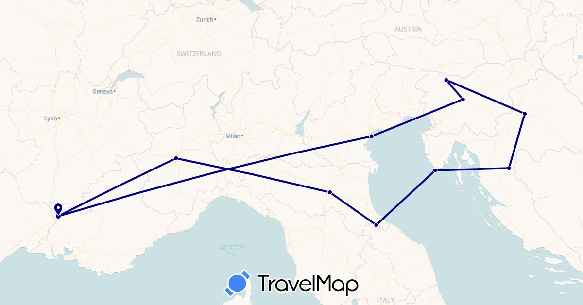 TravelMap itinerary: driving in France, Croatia, Italy, Slovenia, San Marino (Europe)